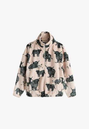 Pulover bej din fleece cu modele negre în stil schiță de bovine Highland, guler cu fermoar pe jumătate, mâneci lungi și buzunare frontale.