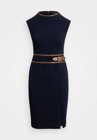 BUCKLE-TRIM HERRINGBONE CAP-SLEEVE DRESS - Košilové šaty - lauren navy