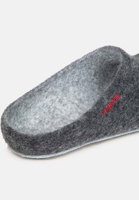 Gray felt slipper with a rounded shape, featuring a smooth interior and a small red logo on the side. Soft texture and sturdy design.