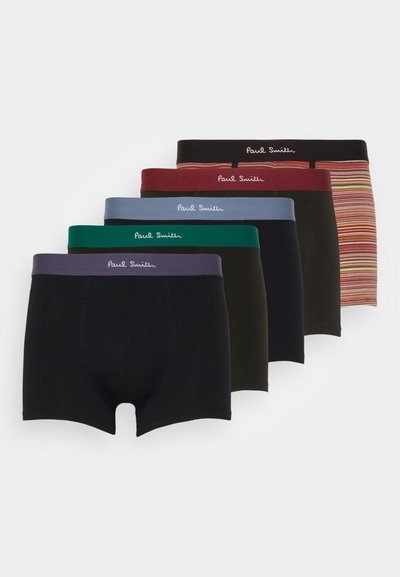 Cinq paires de boxers pour hommes avec différentes couleurs : noir, vert, bleu, bourgogne et un motif rayé. Tous ont des ceintures de marque.