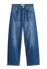 Jeans in denim blu a gamba larga con una finitura sbiadita, tasche frontali e una vita con chiusura a bottone e zip. Design pensato per un fit rilassato.