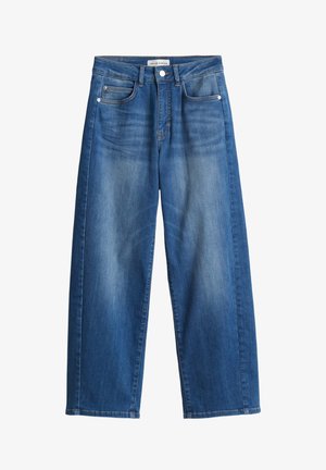 Weite blaue Denim-Jeans mit einem verblassten Finish, Fronttaschen und einem Bund mit einem Knopf- und Reißverschluss. Ausgelegt für eine entspannte Passform.