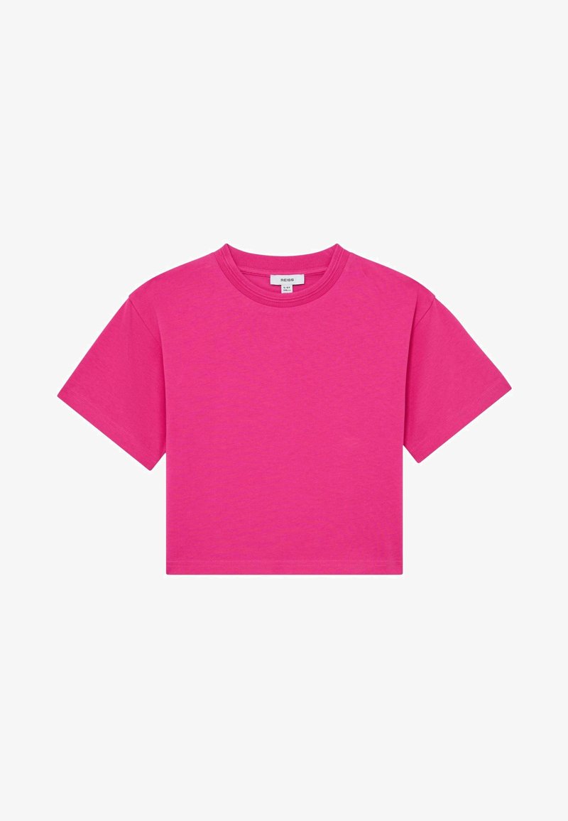 T-shirt court à manches courtes de couleur rose vif avec encolure ronde et étiquette de marque visible à l'intérieur du col.