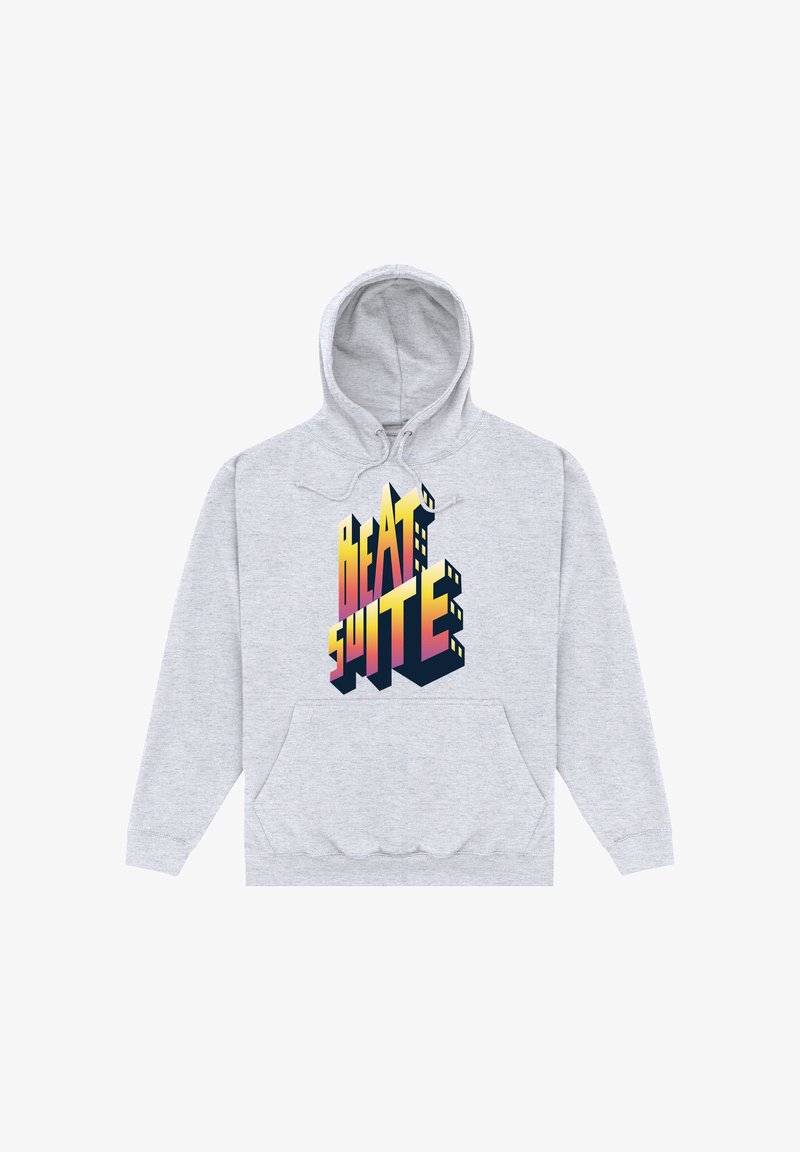 Sweat à capuche gris clair avec poche avant et lettres 3D colorées formant "BEAT SUITE" sur la poitrine.