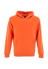 Sudadera con capucha naranja, con bolsillo canguro, puños y dobladillo acanalados. Textura suave con un sutil detalle del logo en el pecho.