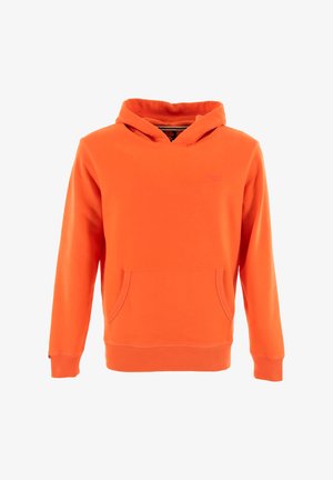 Orange hooded sweatshirt with a kangaroo pocket, ribbed cuffs, and hem. Smooth texture with a subtle logo detail on the chest.