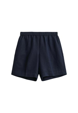 Shorts décontractés bleu marine avec taille élastique et poches latérales, fabriqués en tissu léger.