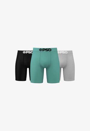 Tre par herre boxershorts: sort, teal og lysegrå. Materialerne er blødt stof med elastiske taljer der har logoer.