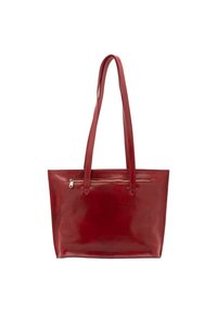 Rode leren tote bag met lange, platte handvatten. Heeft een ritsvak aan de voorkant, een gladde textuur en een minimalistisch ontwerp.