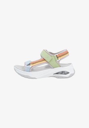 Sport sandaal met lichtgrijze en pastelgroene banden. Voorzien van een gestructureerd patroon op de banden, verstelbare klittenbandsluiting en een gevoerde zool.