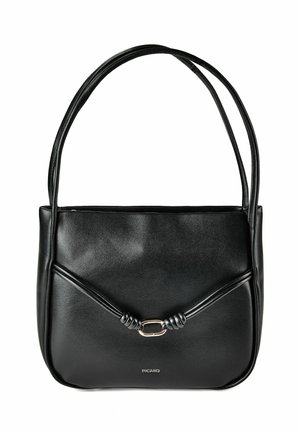 Borsa a tracolla in pelle nera con due manici, anelli decorativi annodati, chiusura in metallo argento e piccolo logo "Picard" sulla parte anteriore.