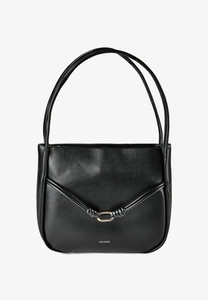 Bolso de hombro de cuero negro con dos correas, lazos decorativos anudados, cierre metálico plateado y pequeño logo "Picard" en el frente.