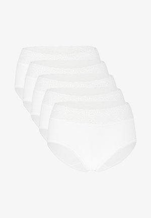 Culottes en coton blanc avec une taille en dentelle florale, bords élastiques et couverture intégrale. Cinq pièces empilées horizontalement.