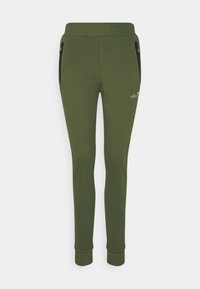 Olivengrønne sweatpants lavet af en blød bomuldsblanding; har to sidelommer med lynlås og ribbede manchetter; subtil branding på forsiden.