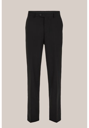 Schwarze, maßgeschneiderte Hose mit geradem Schnitt. Aus glattem Stoff gefertigt, mit Knopfverschluss und dezentem Bügelfalten-Detail vorne.