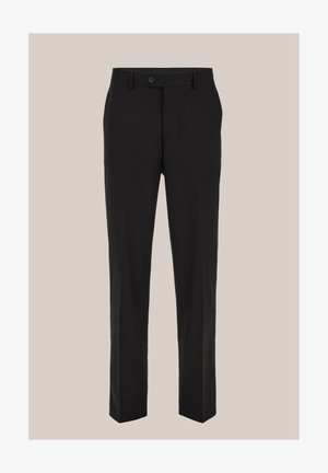 Schwarze, maßgeschneiderte Hose mit geradem Schnitt. Aus glattem Stoff gefertigt, mit Knopfverschluss und dezentem Bügelfalten-Detail vorne.