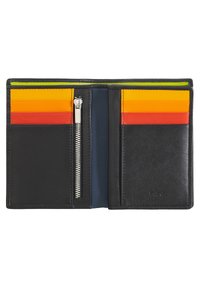 Portafoglio in pelle con esterno nero; presenta più scomparti per carte in colori vivaci (giallo, arancione, rosso) e un comparto con zip.