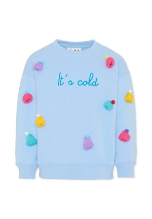 Felpa blu con testo ricamato "Fa freddo" e accenti lavorati a maglia multicolore che richiamano cappelli, caratterizzata da un collo rotondo e polsini a costine.