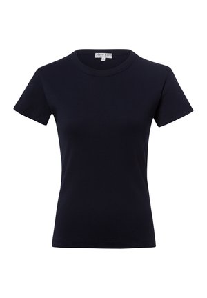 Czarny, krótkim rękawem, prążkowany t-shirt z dopasowanym krojem i metką marki "Marie Lund Copenhagen" przy dekolcie.