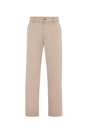 Beige, gestructureerde stoffen broek met een rechte pijp, een knoopsluiting in de taille en voorzakken. Geen zichtbare patronen.