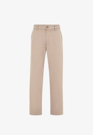 Beige, texturerade tygbyxor med rak bendesign, knappstängd midja och framfickor. Inga synliga mönster.