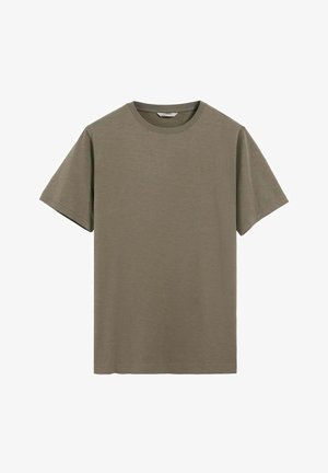 Short-sleeve olive green crew neck T-shirt with subtle front logo and plain design, displayed on a white background.