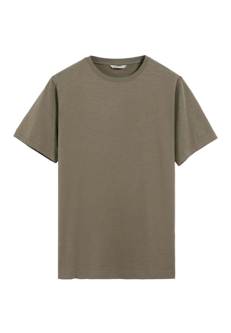 Camiseta de cuello redondo de manga corta en color verde oliva, con un sutil logo en la parte delantera y diseño liso, exhibida sobre un fondo blanco.