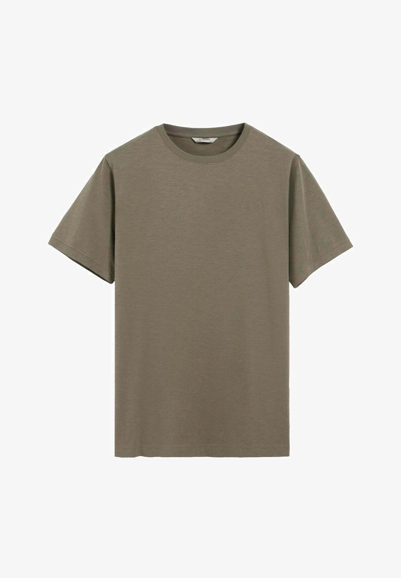 Olivenfarbener Kurzarm-T-Shirt mit Rundhalsausschnitt und dezentem Logo auf der Vorderseite sowie schlichter Gestaltung, auf einem weißen Hintergrund präsentiert.