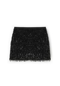 Czarna mini spódnica z teksturową powierzchnią, ozdobiona cekinami, z frędzlami na końcu i gładkim, elastycznym pasem.