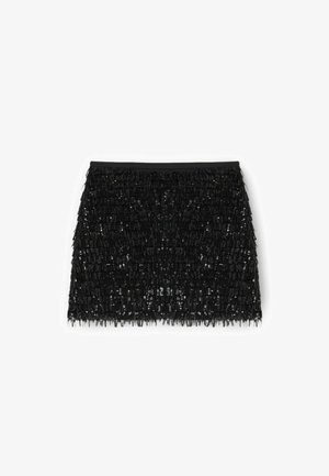 Czarna mini spódnica z teksturową powierzchnią, ozdobiona cekinami, z frędzlami na końcu i gładkim, elastycznym pasem.