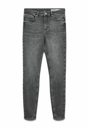 Vaqueros ajustados grises con cierre de botón y cremallera, diseño de cinco bolsillos y ligero efecto desgastado en las piernas.