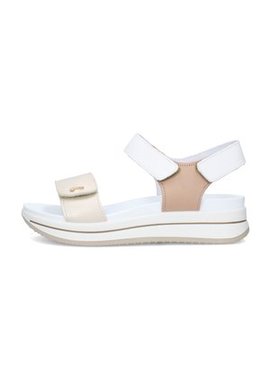 Sandalo aperto bianco e beige con cinturini in velcro regolabili e suola spessa progettato per comfort e uso casual.