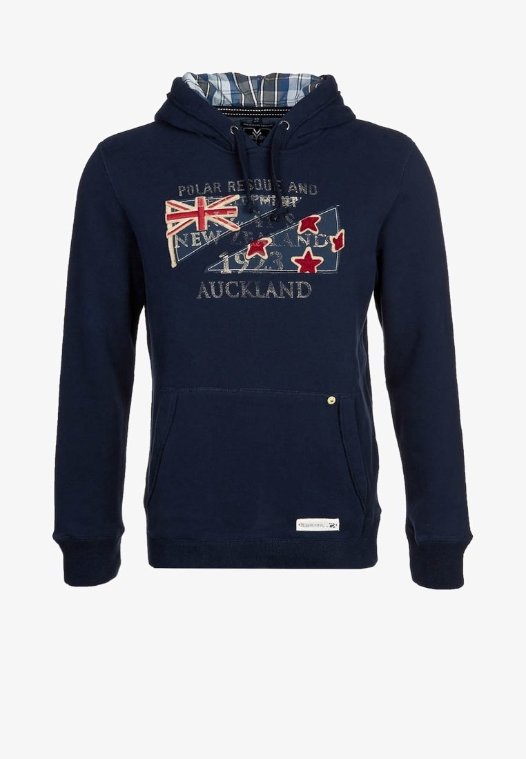 Tummansininen huppari, jossa on ruudullinen vuori. Siinä on logokuvio, Britannian lippu ja punaisia tähtiä. Pehmeä kangas ja kengurutasku.