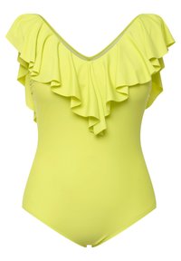 Un maillot de bain une pièce jaune vif avec un décolleté en V plongeant, présentant des volants superposés aux épaules. Texture lisse et design ajusté.