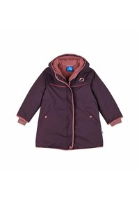 Lunga giacca isolante viola con cappuccio, fodera rosa, bottoni frontali, due tasche laterali e polsini a coste. Accentuata da un logo.