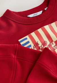 Rdeča majica s kapuco z rebrastim ovratnikom, na kateri je grafični dizajn navpičnih rdečih in kremnih prog z modrimi poudarki in besedilom. Mehka tekstura.