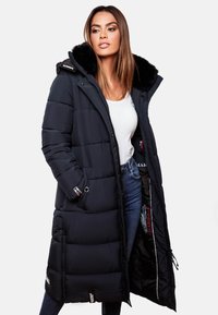 Long black padded winter coat with a fur-lined hood, zip front, pockets, and visible interior lining, featuring red and patterned accents.