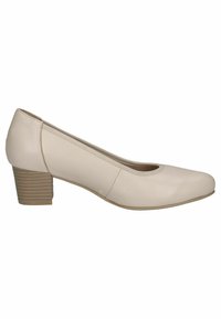 Beige kožené lodičky s kulatou špičkou, nízkým patkem a hladkou texturou. Mají jednoduchý design s minimem švů.