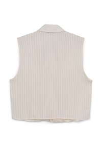 Gilet sans manches beige avec motif à rayures verticales, en tissu léger, col classique et ourlet arrondi. Sans fermetures à l'avant.
