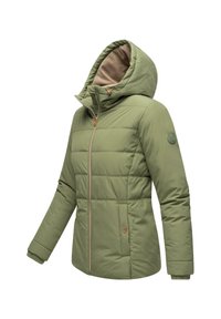 Gevoerde groene jacket met capuchon, voorzien van een gouden rits, zijzakken met knopen en een zachte, beige voering. Gemaakt van textuurstof.