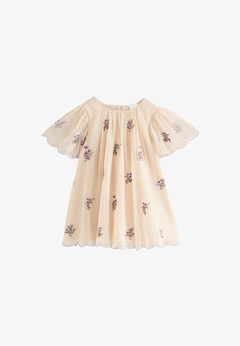 Light beige baby dress with short scalloped sleeves, purple floral embroidery, and delicate dotted texture, displayed on a white background.