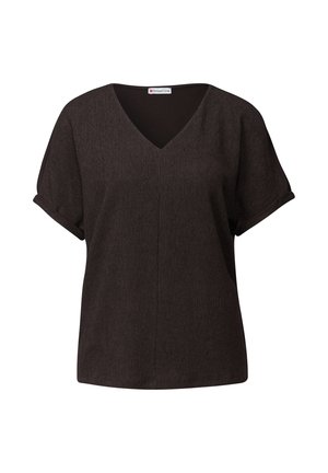 Blusa corta a maniche corte di un marrone scuro testurizzato con scollo a V e risvolti, esposta su uno sfondo bianco.