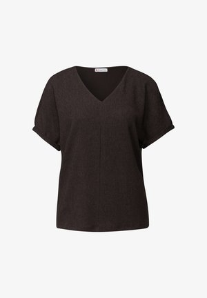 Blusa corta a maniche corte di un marrone scuro testurizzato con scollo a V e risvolti, esposta su uno sfondo bianco.