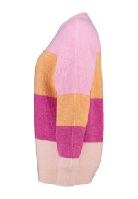 Pull en maille épaisse avec des rayures horizontales en rose, pêche et violet. Texture douce avec des poignets et un ourlet côtelés. Col en V.