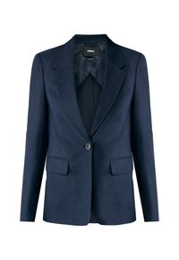 Marinblå skräddarsydd kavaj i texturerad tyg, med enknappstängning, slagkrage och två framfickor.