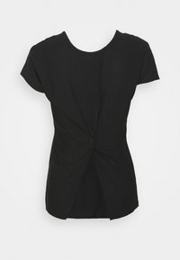 Mustat lyhythihaiset paidat, jotka on valmistettu pehmeästä kankaasta. Paidassa on kiertyvä etusuunnittelu ja pidennetty takahelma, jossa on hienovarainen halkio.