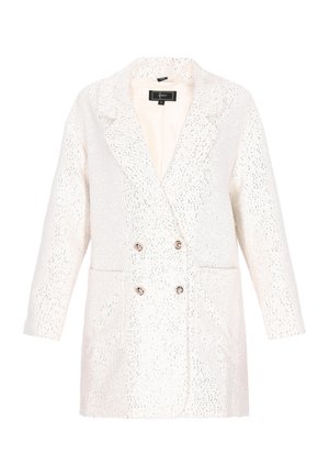 Sacou cu nasturi dubli, de culoare albă, cu un finisaj texturat și pete argintii. Are două buzunare frontale și nasturi metalici.