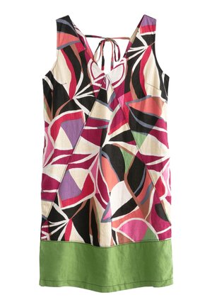 Sleeveless V-neck dress with abstract multicolor leaf patterns in pink, black, white, and green, featuring a solid green hem and back tie closure.