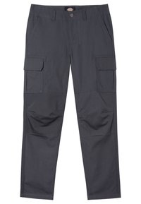 Pantalon cargo gris foncé avec poches latérales à rabat, poches avant, passants pour ceinture et renforts aux genoux, présenté à plat.
