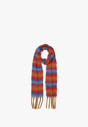 Mehrfarbiger Schal mit horizontalen Streifen in Blau, Rot, Orange und Pink. Weiche Textur mit fransigen Enden. Rechteckige Form.